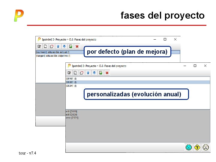 fases del proyecto por defecto (plan de mejora) personalizadas (evolución anual) tour - v