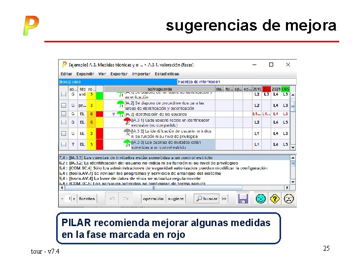sugerencias de mejora PILAR recomienda mejorar algunas medidas en la fase marcada en rojo