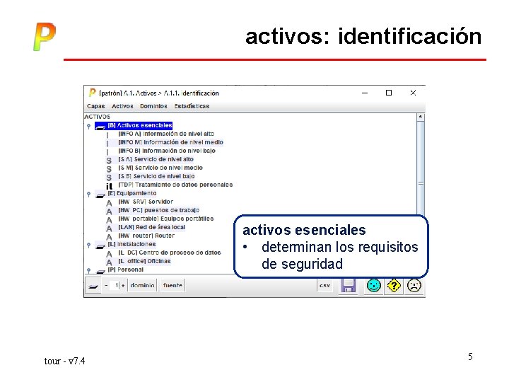 activos: identificación activos esenciales • determinan los requisitos de seguridad tour - v 7.