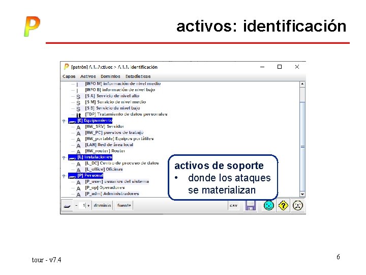 activos: identificación activos de soporte • donde los ataques se materializan tour - v