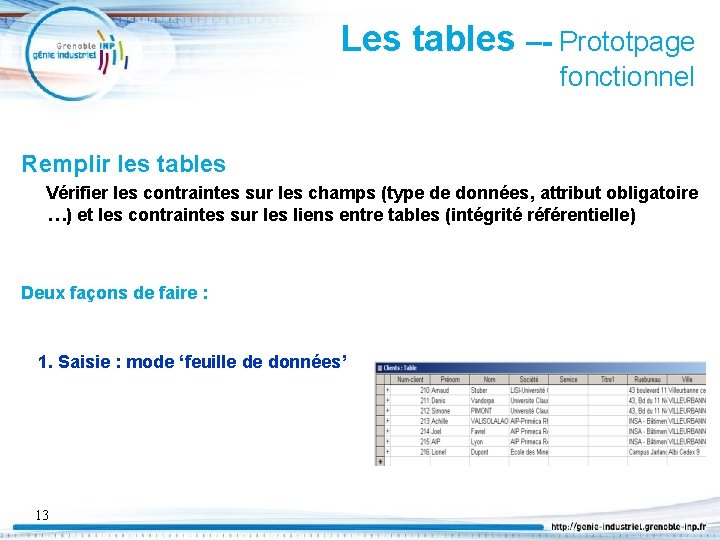 Les tables –- Prototpage fonctionnel Remplir les tables Vérifier les contraintes sur les champs