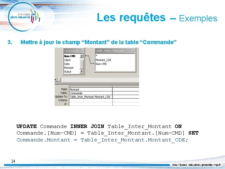 Les requêtes -- Exemples 3. Mettre à jour le champ “Montant” de la table