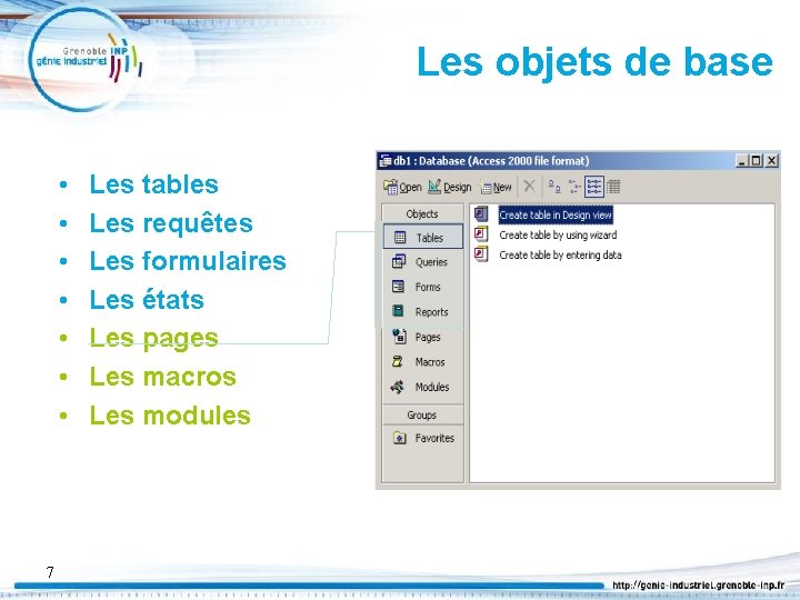 Les objets de base • • 7 Les tables Les requêtes Les formulaires Les