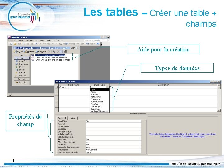 Les tables -- Créer une table + champs Aide pour la création Types de