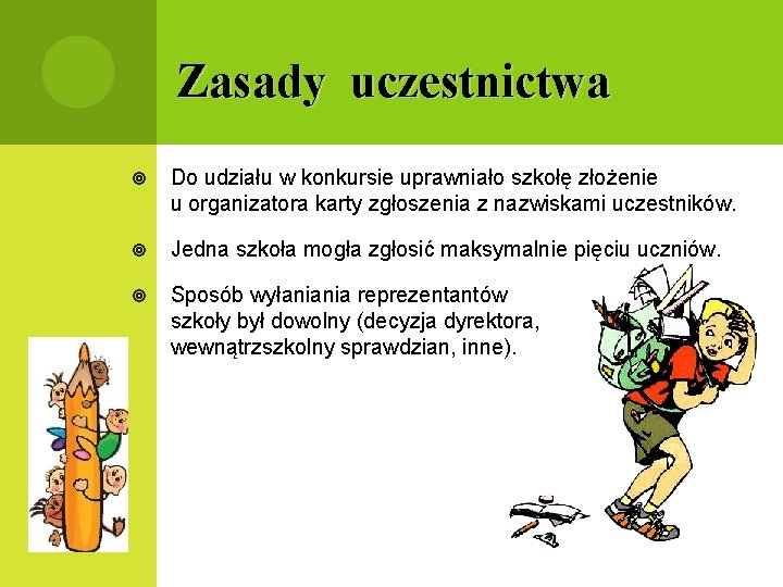 Zasady uczestnictwa Do udziału w konkursie uprawniało szkołę złożenie u organizatora karty zgłoszenia z