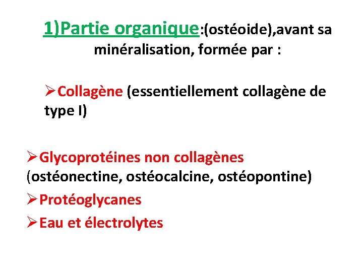 1)Partie organique: (ostéoide), avant sa minéralisation, formée par : ØCollagène (essentiellement collagène de type