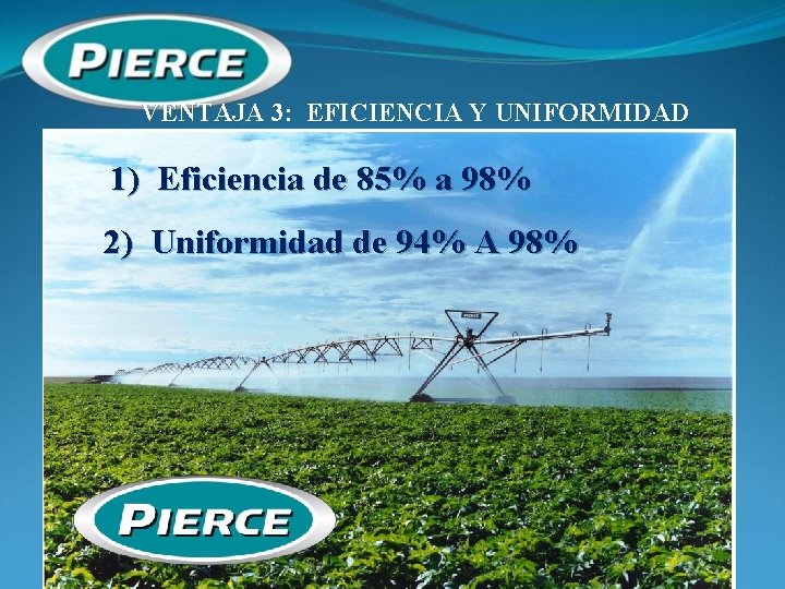 VENTAJA 3: EFICIENCIA Y UNIFORMIDAD 1) Eficiencia de 85% a 98% 2) Uniformidad de