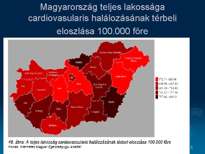 Magyarország teljes lakossága cardiovasularis halálozásának térbeli eloszlása 100. 000 főre 15 
