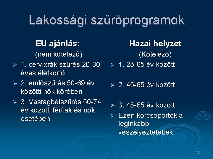 Lakossági szűrőprogramok EU ajánlás: (nem kötelező) Ø 1. cervixrák szűrés 20 -30 éves életkortól