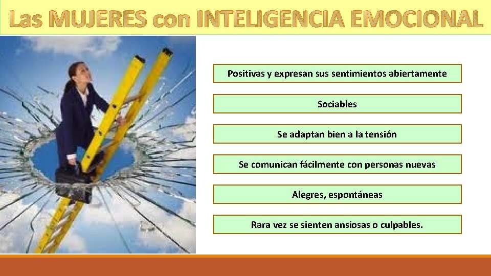 Las MUJERES con INTELIGENCIA EMOCIONAL Positivas y expresan sus sentimientos abiertamente Sociables Se adaptan