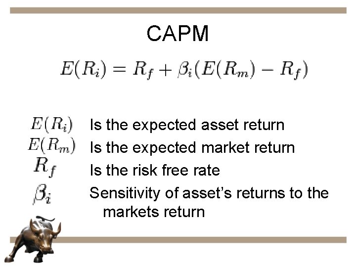 CAPM Is the expected asset return Is the expected market return Is the risk