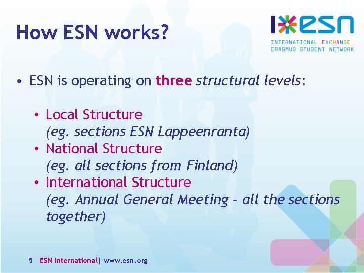 How ESN works? • ESN is operating on three structural levels: • Local Structure
