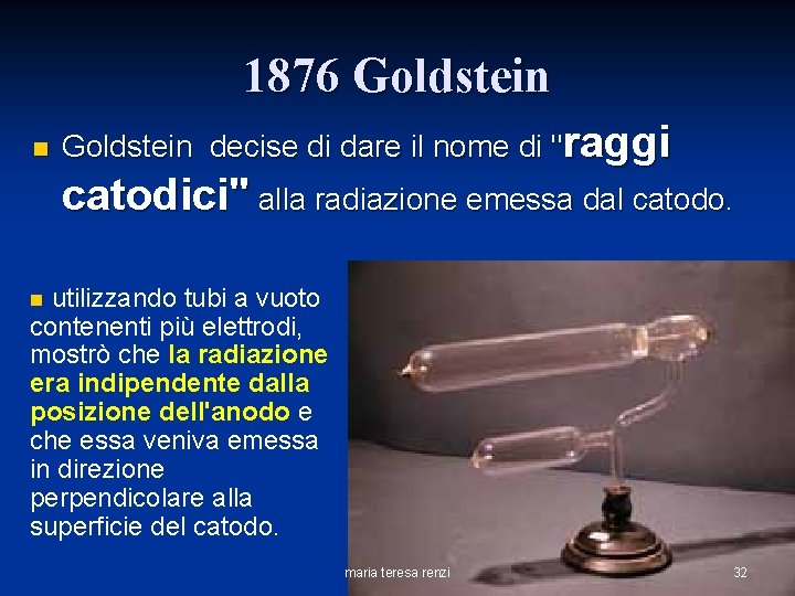 1876 Goldstein n Goldstein decise di dare il nome di "raggi catodici" alla radiazione