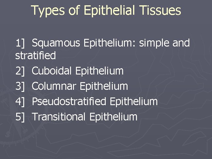 Types of Epithelial Tissues 1] Squamous Epithelium: simple and stratified 2] Cuboidal Epithelium 3]