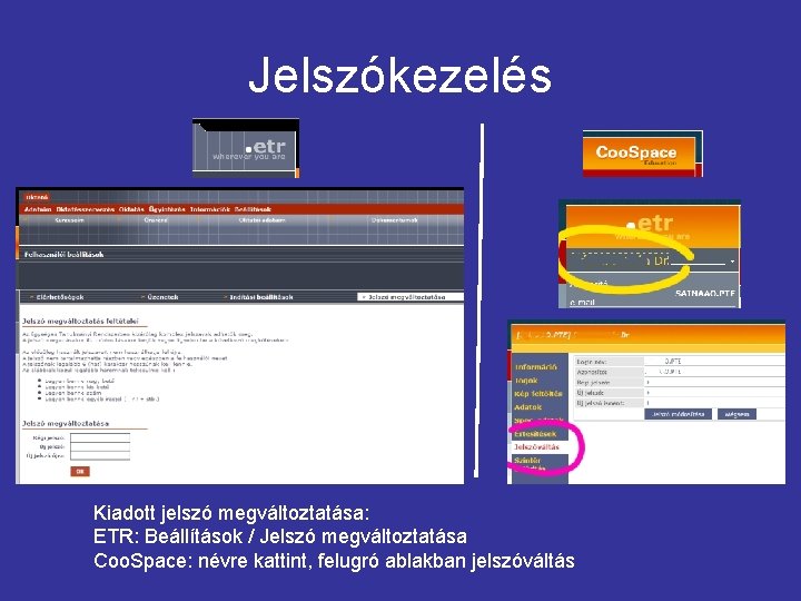 Jelszókezelés Kiadott jelszó megváltoztatása: ETR: Beállítások / Jelszó megváltoztatása Coo. Space: névre kattint, felugró