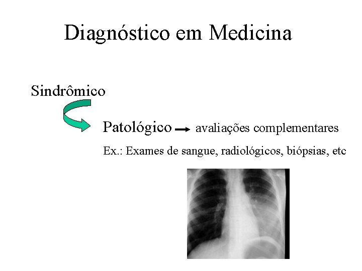 Diagnóstico em Medicina Sindrômico Patológico avaliações complementares Ex. : Exames de sangue, radiológicos, biópsias,