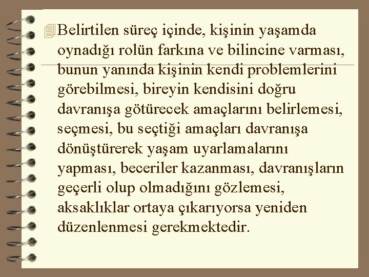 4 Belirtilen süreç içinde, kişinin yaşamda oynadığı rolün farkına ve bilincine varması, bunun yanında