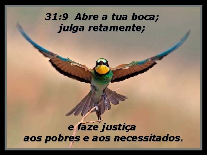 31: 9 Abre a tua boca; julga retamente; e faze justiça aos pobres e