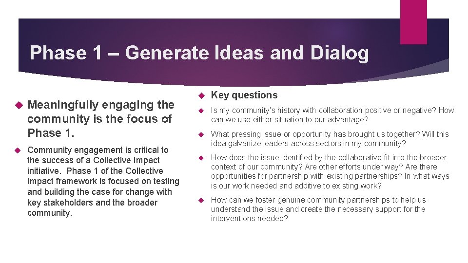 Phase 1 – Generate Ideas and Dialog Meaningfully engaging the community is the focus