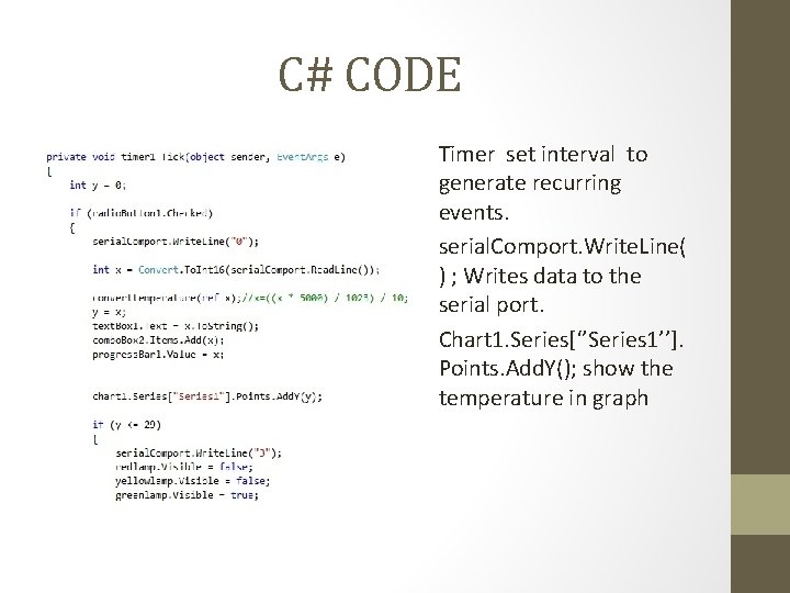 C# CODE Timer set interval to generate recurring events. serial. Comport. Write. Line( )