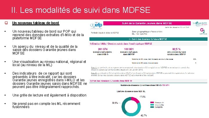 II. Les modalités de suivi dans MDFSE q Un nouveau tableau de bord •