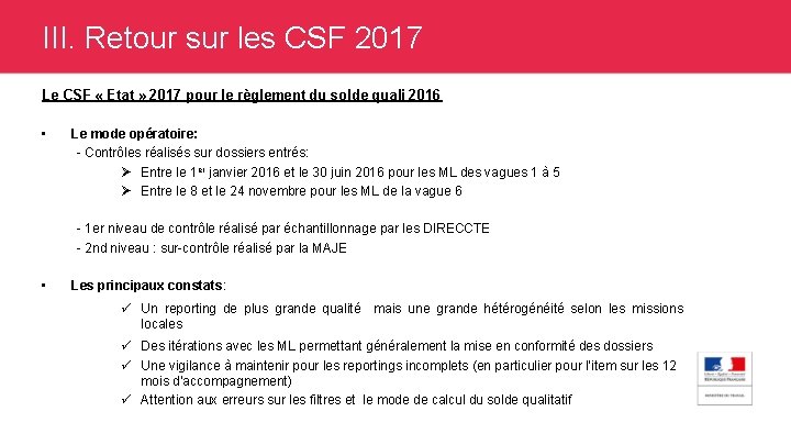 III. Retour sur les CSF 2017 Le CSF « Etat » 2017 pour le