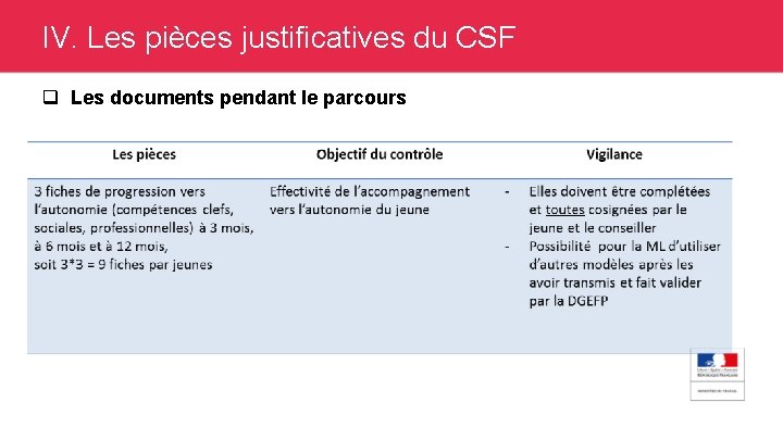 IV. Les pièces justificatives du CSF q Les documents pendant le parcours 