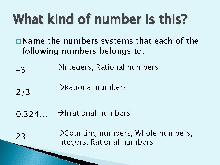 What kind of number is this? � Name the numbers systems that each of