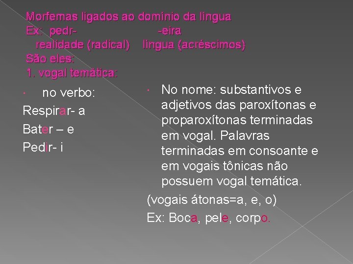 Morfemas ligados ao domínio da língua Ex: pedr-eira realidade (radical) língua (acréscimos) São eles: