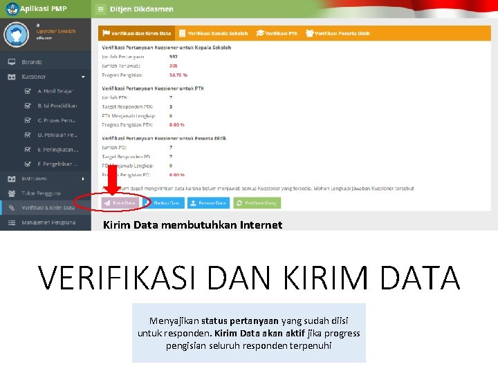 Kirim Data membutuhkan Internet VERIFIKASI DAN KIRIM DATA Menyajikan status pertanyaan yang sudah diisi