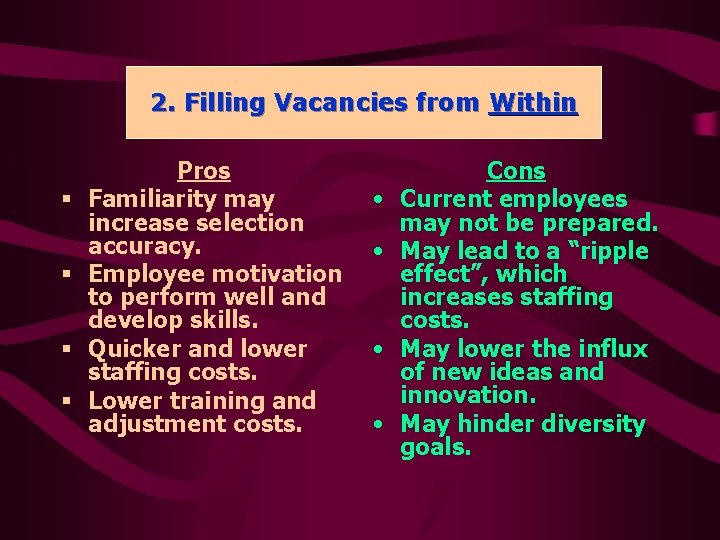 2. 2. Filling Vacancies from Within § § Pros Familiarity may increase selection accuracy.