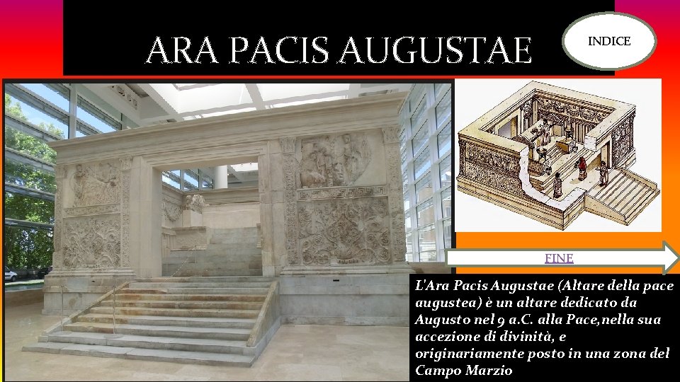 ARA PACIS AUGUSTAE INDICE FINE L'Ara Pacis Augustae (Altare della pace augustea) è un