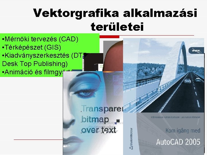 Vektorgrafika alkalmazási területei • Mérnöki tervezés (CAD) • Térképészet (GIS) • Kiadványszerkesztés (DTP Desk