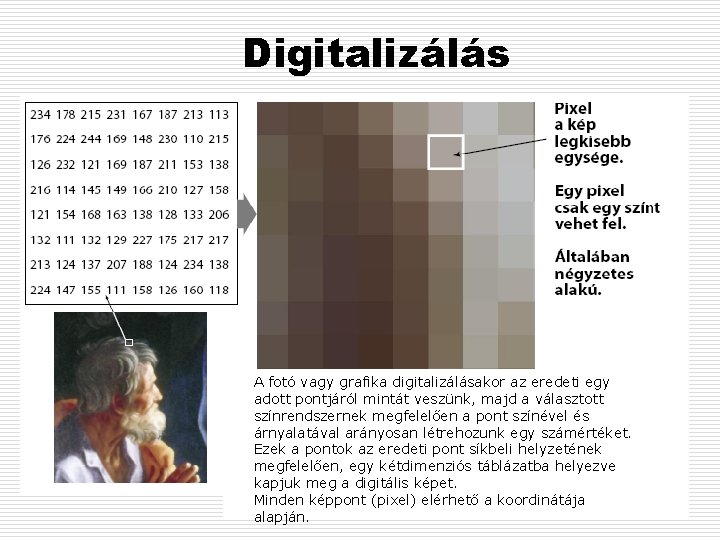 Digitalizálás A fotó vagy grafika digitalizálásakor az eredeti egy adott pontjáról mintát veszünk, majd