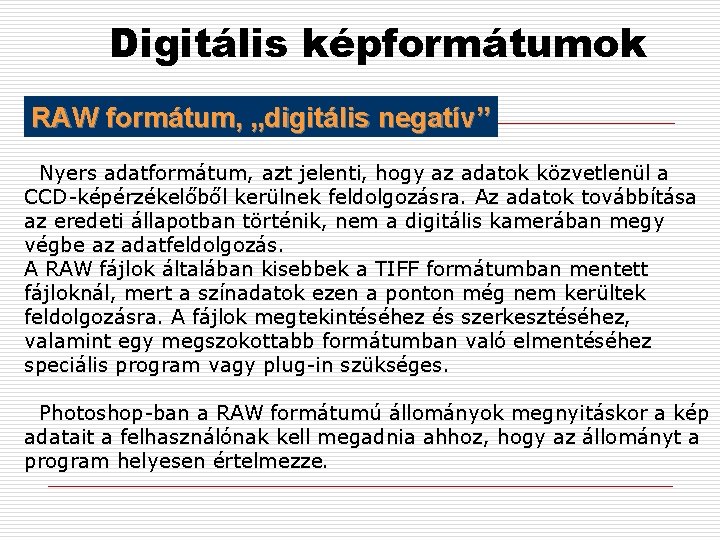 Digitális képformátumok RAW formátum, „digitális negatív” Nyers adatformátum, azt jelenti, hogy az adatok közvetlenül