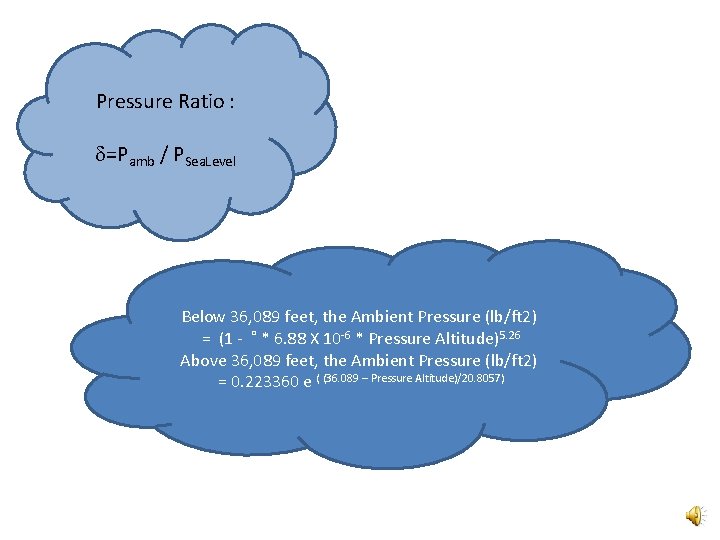 Pressure Ratio : =Pamb / PSea. Level Below 36, 089 feet, the Ambient Pressure