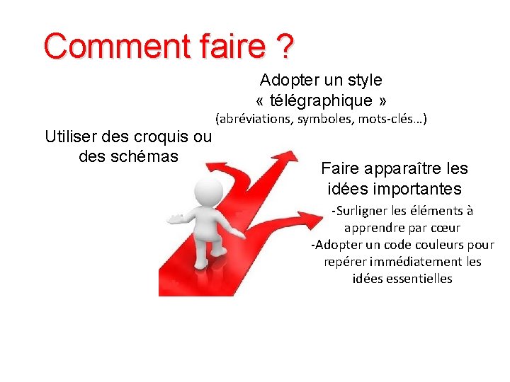 Comment faire ? Adopter un style « télégraphique » (abréviations, symboles, mots-clés…) Utiliser des