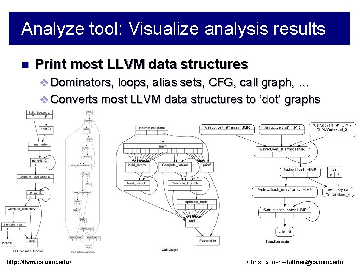 Analyze tool: Visualize analysis results n Print most LLVM data structures v Dominators, loops,