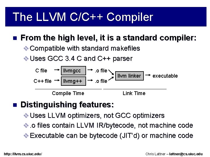 The LLVM C/C++ Compiler n From the high level, it is a standard compiler: