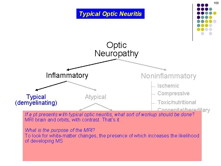 103 Typical Optic Neuritis Optic Neuropathy Inflammatory Typical (demyelinating) Atypical Noninflammatory Ischemic Compressive Toxic/nutritional