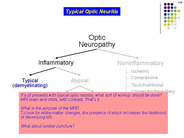104 Typical Optic Neuritis Optic Neuropathy Inflammatory Typical (demyelinating) Atypical Noninflammatory Ischemic Compressive Toxic/nutritional