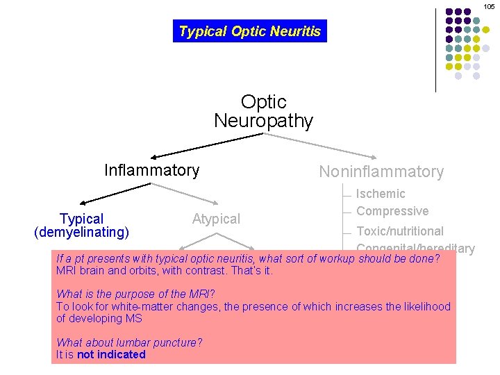 105 Typical Optic Neuritis Optic Neuropathy Inflammatory Typical (demyelinating) Atypical Noninflammatory Ischemic Compressive Toxic/nutritional