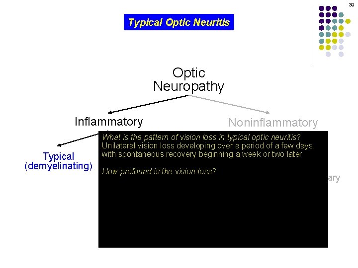 39 Typical Optic Neuritis Optic Neuropathy Inflammatory Typical (demyelinating) Noninflammatory What is the pattern