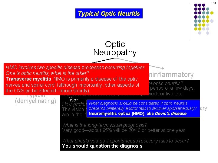 49 Typical Optic Neuritis Optic Neuropathy NMO involves two specific disease processes occurring together.