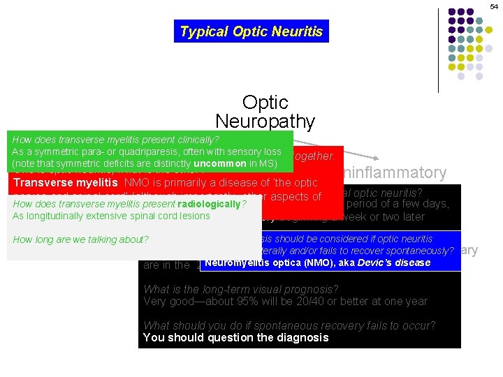 54 Typical Optic Neuritis Optic Neuropathy How does transverse myelitis present clinically? As a