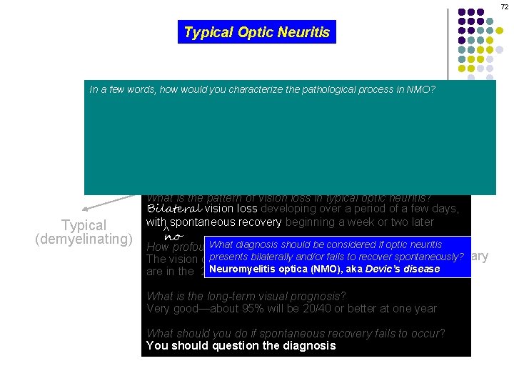 72 Typical Optic Neuritis In a few words, how would you characterize the pathological