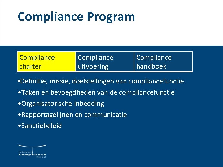 Compliance Program Compliance charter Compliance uitvoering Compliance handboek • Definitie, missie, doelstellingen van compliancefunctie Compliance Program Compliance charter Compliance uitvoering Compliance handboek • Definitie, missie, doelstellingen van compliancefunctie
