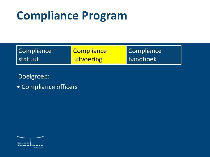 Compliance Program Compliance statuut Compliance uitvoering Doelgroep: • Compliance officers Compliance handboek Compliance Program Compliance statuut Compliance uitvoering Doelgroep: • Compliance officers Compliance handboek