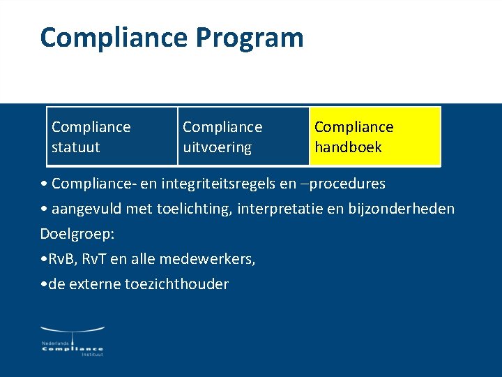 Compliance Program Compliance statuut Compliance uitvoering Compliance handboek • Compliance- en integriteitsregels en –procedures Compliance Program Compliance statuut Compliance uitvoering Compliance handboek • Compliance- en integriteitsregels en –procedures