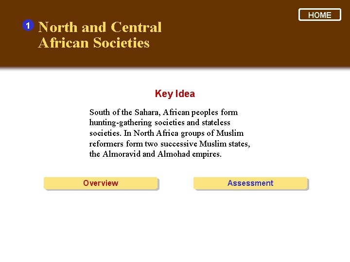 1 HOME North and Central African Societies Key Idea South of the Sahara, African